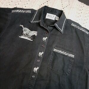 Vtg H & J Embroidered Zebra Button Up Shirt Animal Print XL Jungle Teacher Black